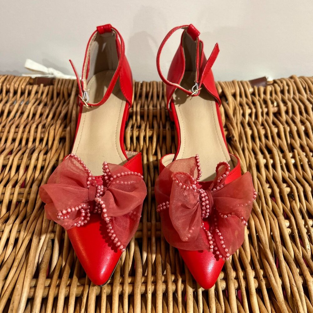 Red Bow Kitten Heels With Pearls, Size 37 (6.5)